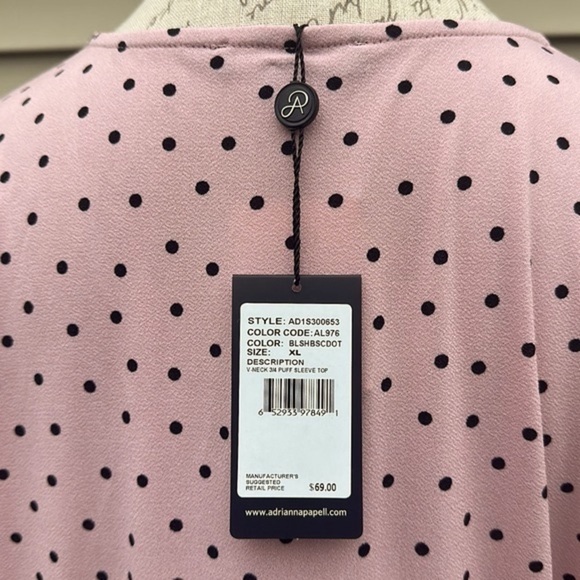 ADRIANNA PAPELL Blush Black Polka Dot V-Neck 3/4 Puff Sleeve Top - Picture 8 of 13